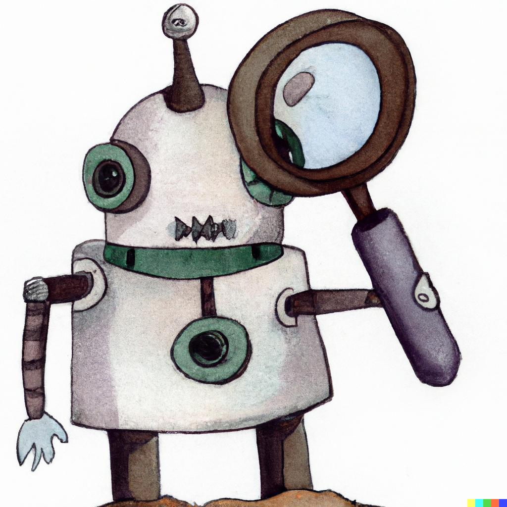 A watercolour of a robot with a magnifying glass